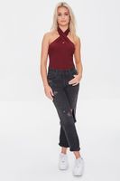 Women's Sweater-Knit Crisscross Halter Bodysuit in Burgundy Small