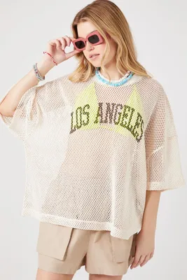 Women's Sheer Mesh Los Angeles Graphic T-Shirt in Cream, XL