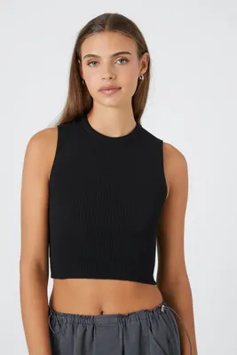 Women's Sweater-Knit Cropped Tank Top in Black Large