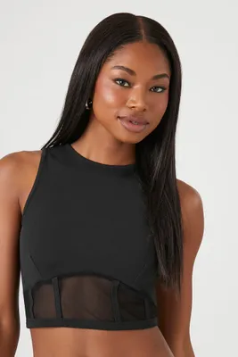 Women's Mesh-Trim Corset Crop Top in Black Medium