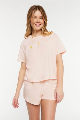 Women's Graphic Tee & Shorts Pajama Set in Pink Large