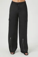 Women's Satin Cargo Zipper Pants in Black Small