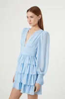 Women's Chiffon Ruffle Mini Dress in Light Blue Small