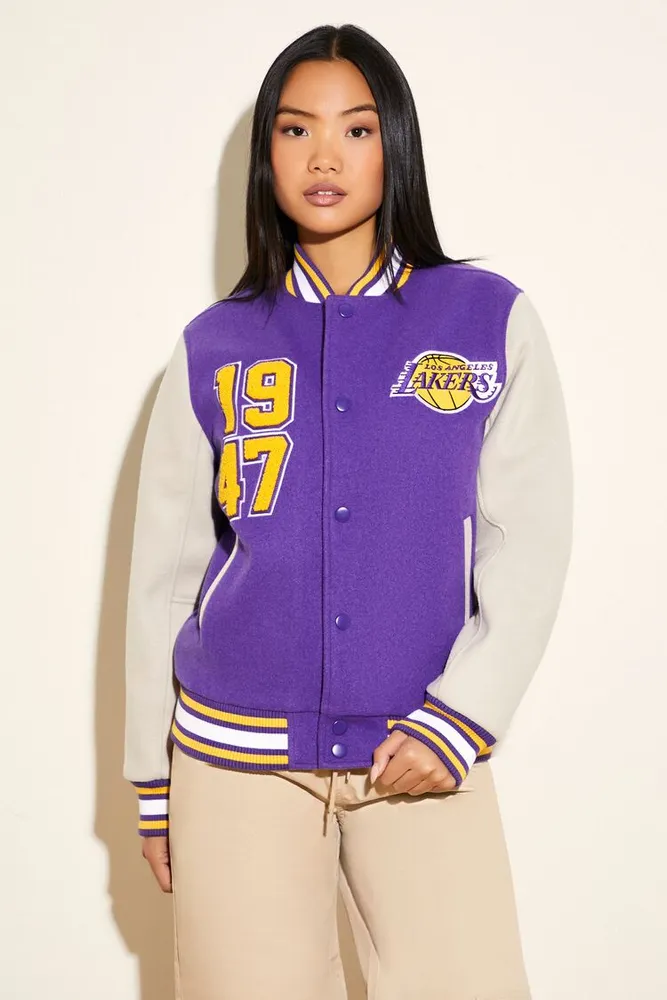 Women's Los Angeles Lakers Letterman Jacket in Purple/Cream Large