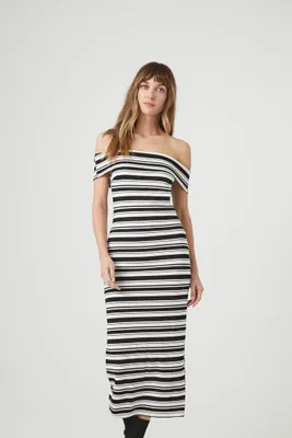 Women's Striped Off-the-Shoulder Midi Dress in Black/Vanilla Small