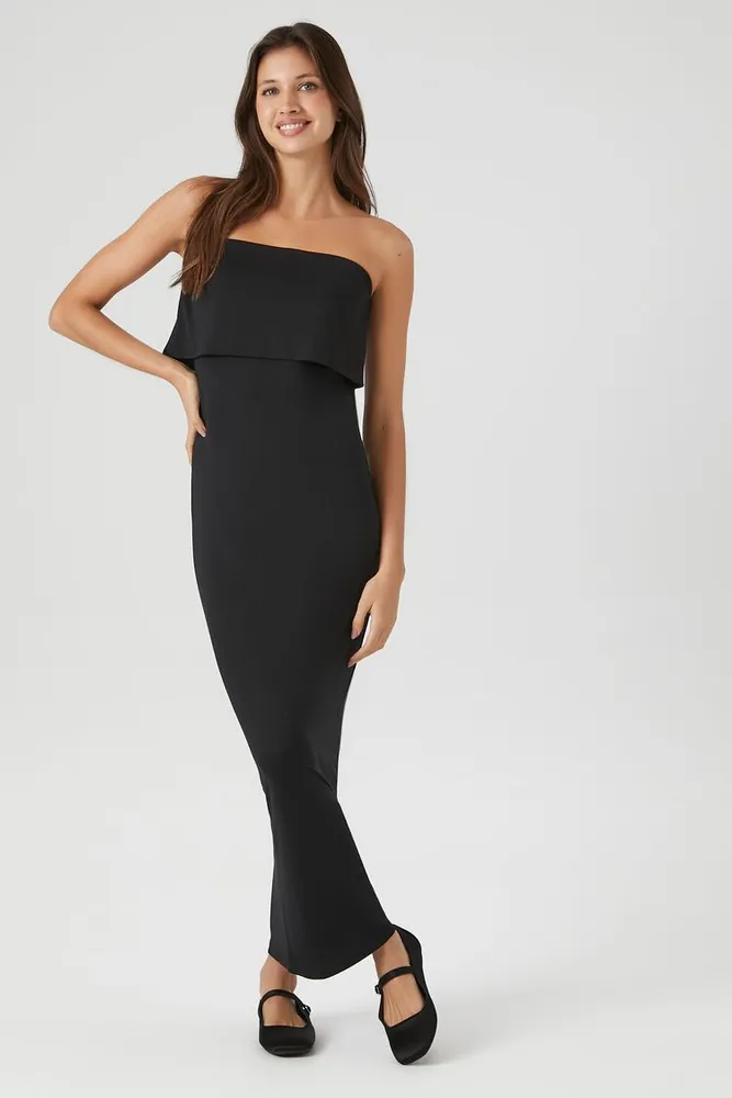 Women's Flounce Midi Tube Dress in Black Medium