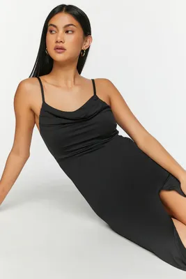 Women's Cowl Neck Slit Midi Dress in Black Large