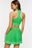 Women's Striped-Trim Crop Top & Tennis Skirt Set in Green/White Medium