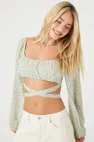 Women's Floral Wraparound Crop Top in Sage/White Small