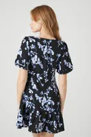 Women's Satin Floral Print Mini Dress in Black Small