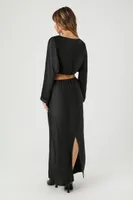 Women's Satin Crop Top & Maxi Skirt Set in Black Medium