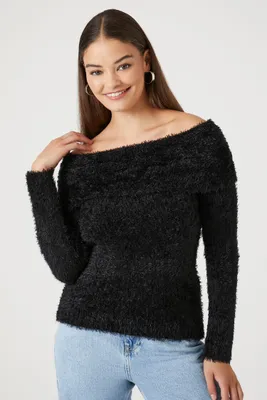 Women's Fuzzy Knit Off-the-Shoulder Sweater in Black Medium