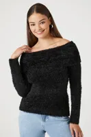 Women's Fuzzy Knit Off-the-Shoulder Sweater in Black Large