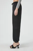 Women's Satin Mid-Rise Cargo Pants in Black Large