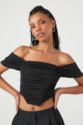 Women's Ruched Off-the-Shoulder Crop Top in Black Large
