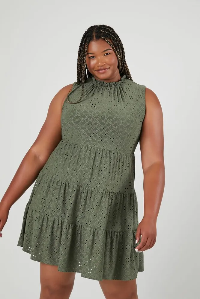 Women's Tiered Eyelet Mini Dress in Sage, 2X