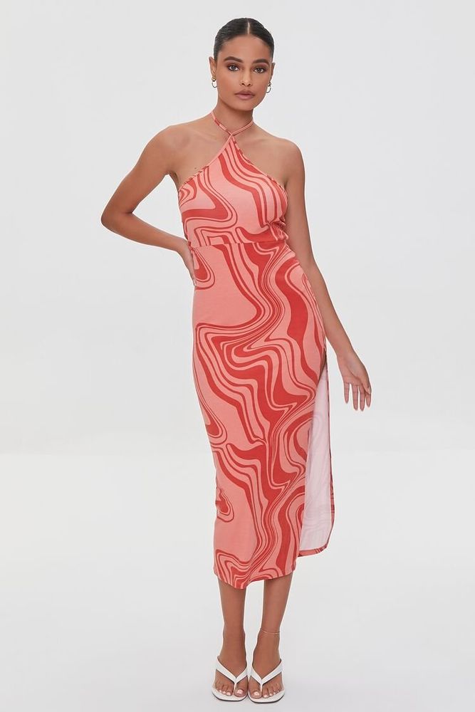 Women's Marble Print Halter Midi Dress in Pink/Red Medium