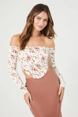 Women's Floral Print Off-the-Shoulder Crop Top in White Small