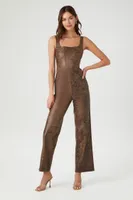 Women's Faux Leather Sleeveless Jumpsuit in Brown, XS