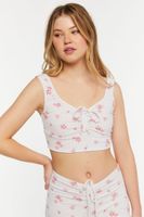 Women's Rose Print Ruched Lounge Crop Top in White/Pink Small