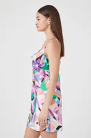 Women's Satin Abstract Print Mini Dress in Purple, XS