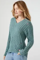 Women's Distressed V-Neck Sweater in Blue Lake, XS