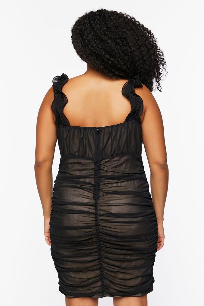 Women's Ruched Ruffle-Trim Mini Dress in Black/Nude, 0X
