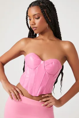 Women's Faux Leather Bustier Tube Top in Hot Pink Small