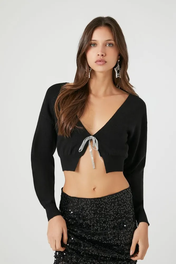 Women's Tie-Front Cardigan Sweater in Black Large