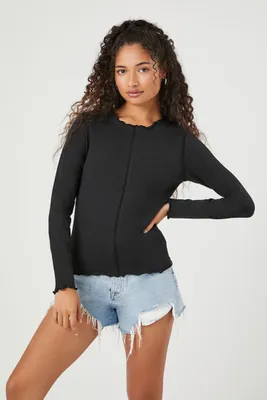 Women's Cotton-Blend Lettuce-Edge Top in Black Small