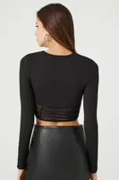 Women's Sheer Ruched Crop Top in Black Large