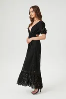 Women's Lace Flounce-Hem Maxi Dress in Black, XS