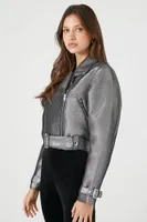 Women's Faux Leather Metallic Moto Jacket in Silver/Black, XS