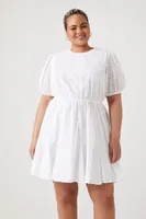 Women's Floral Eyelet Mini Dress in White, 0X