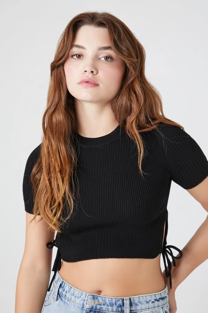 Women's Sweater-Knit Cutout Cropped T-Shirt in Black Medium