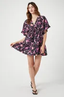 Women's Floral Print Ruffle Mini Dress in Black Large