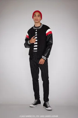 Men Hello Kitty Striped Varsity Jacket in Black Medium