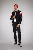 Men Hello Kitty Striped Varsity Jacket in Black, XXL