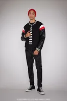 Men Hello Kitty Striped Varsity Jacket in Black Large