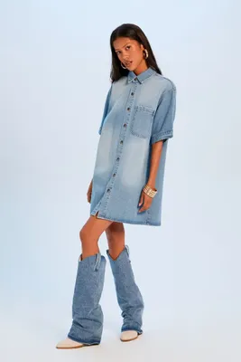 Women's Mini Denim Shirt Dress in Medium Denim, XS