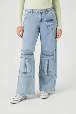Women's Utility Wide-Leg Cargo Jeans in Light Denim Medium