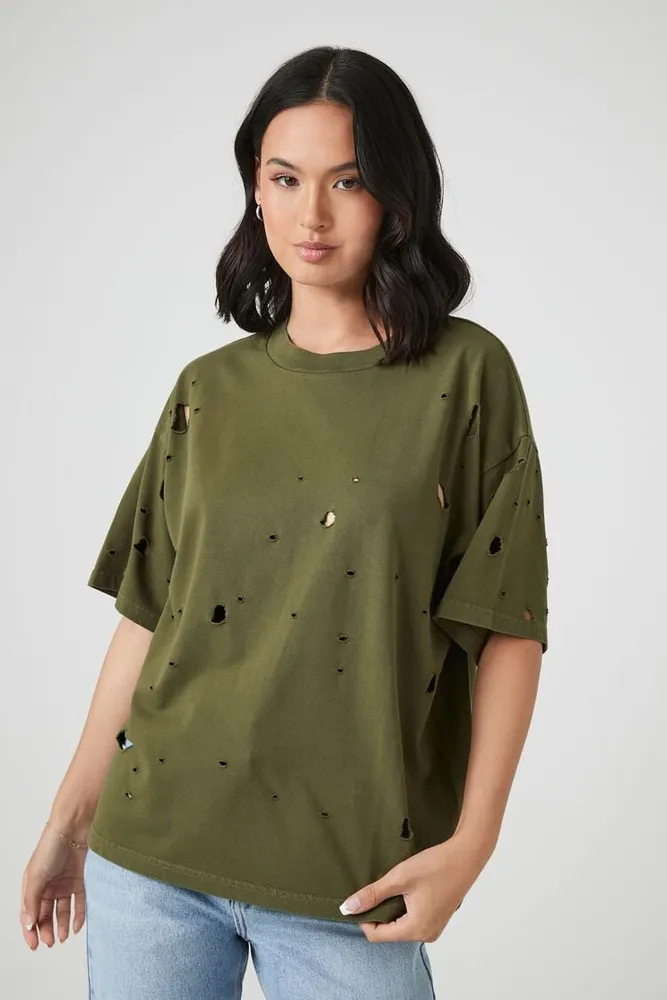 Women's Distressed Crew T-Shirt in Olive Medium