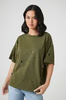 Women's Distressed Crew T-Shirt in Olive Medium