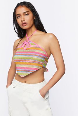 Women's Striped Halter Crop Top in Pink Large