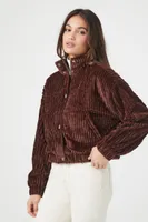 Women's Ribbed Cropped Bomber Jacket in Chocolate, XL