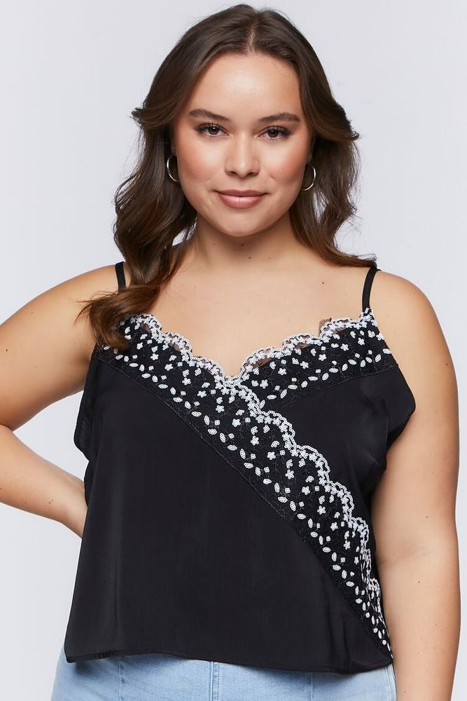 Women's Floral Sequin Applique Cami in Black, 1X