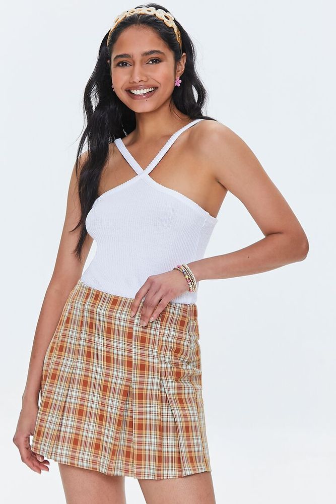 Women's Plaid Cotton-Blend Skort in Camel Medium