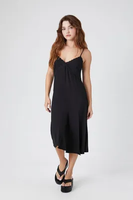 Women's Lace-Trim Cami Slit Midi Dress in Black Small