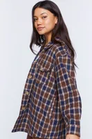 Women's Plaid Drop-Sleeve Shacket in Brown Small