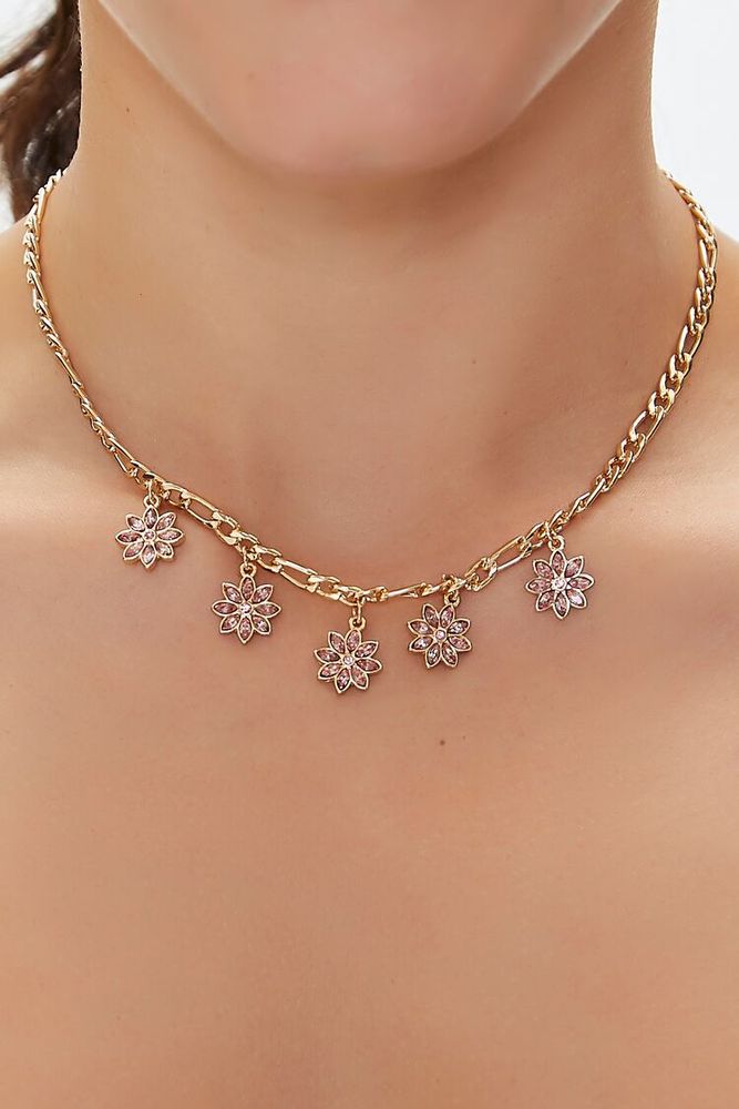 Women's Faux Gem Floral Charm Necklace in Pink/Gold